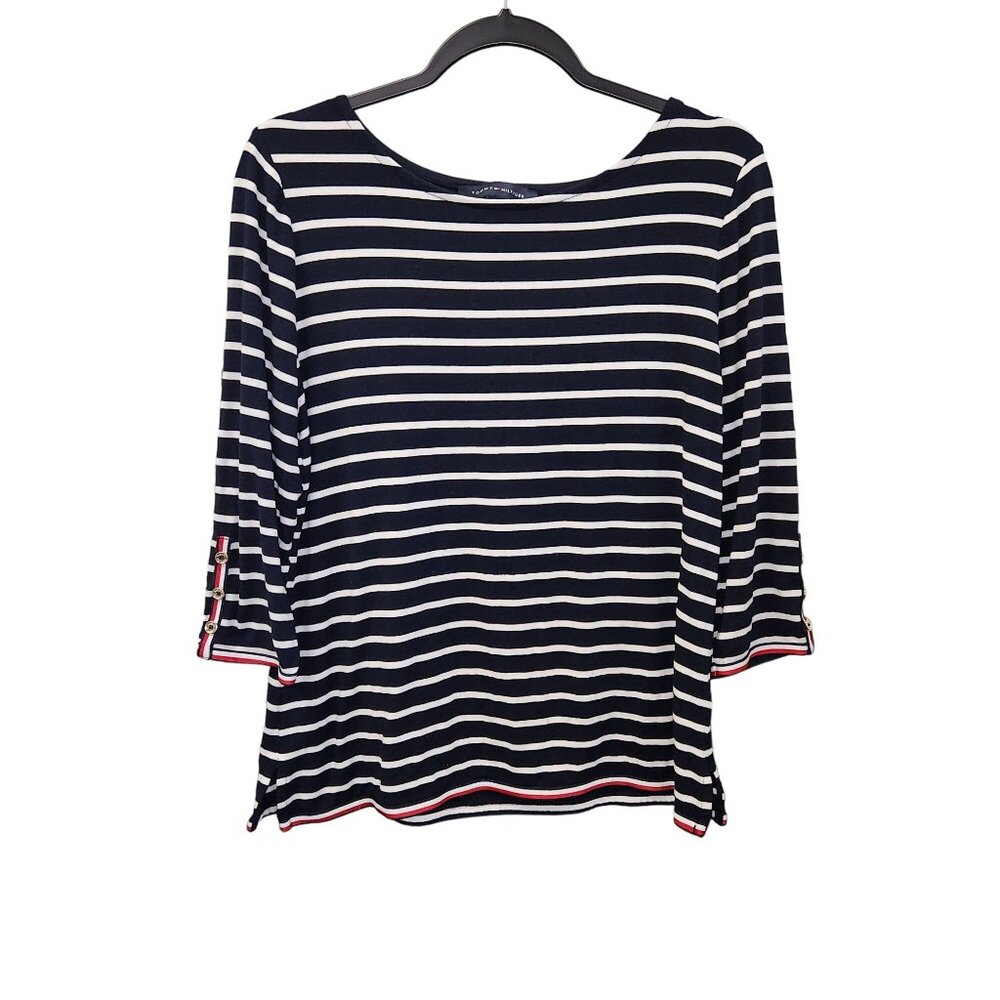 Tommy Hilfiger Women's M Blue White Striped Long Sleeve Pullover Knit Top  2304